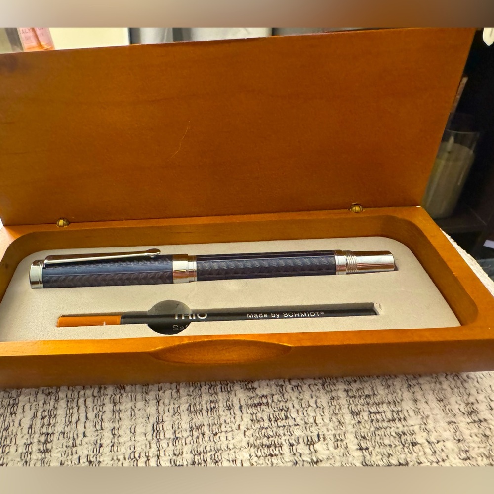 Vintage The Sharper Image Metallic Blue Pen in Wood Box